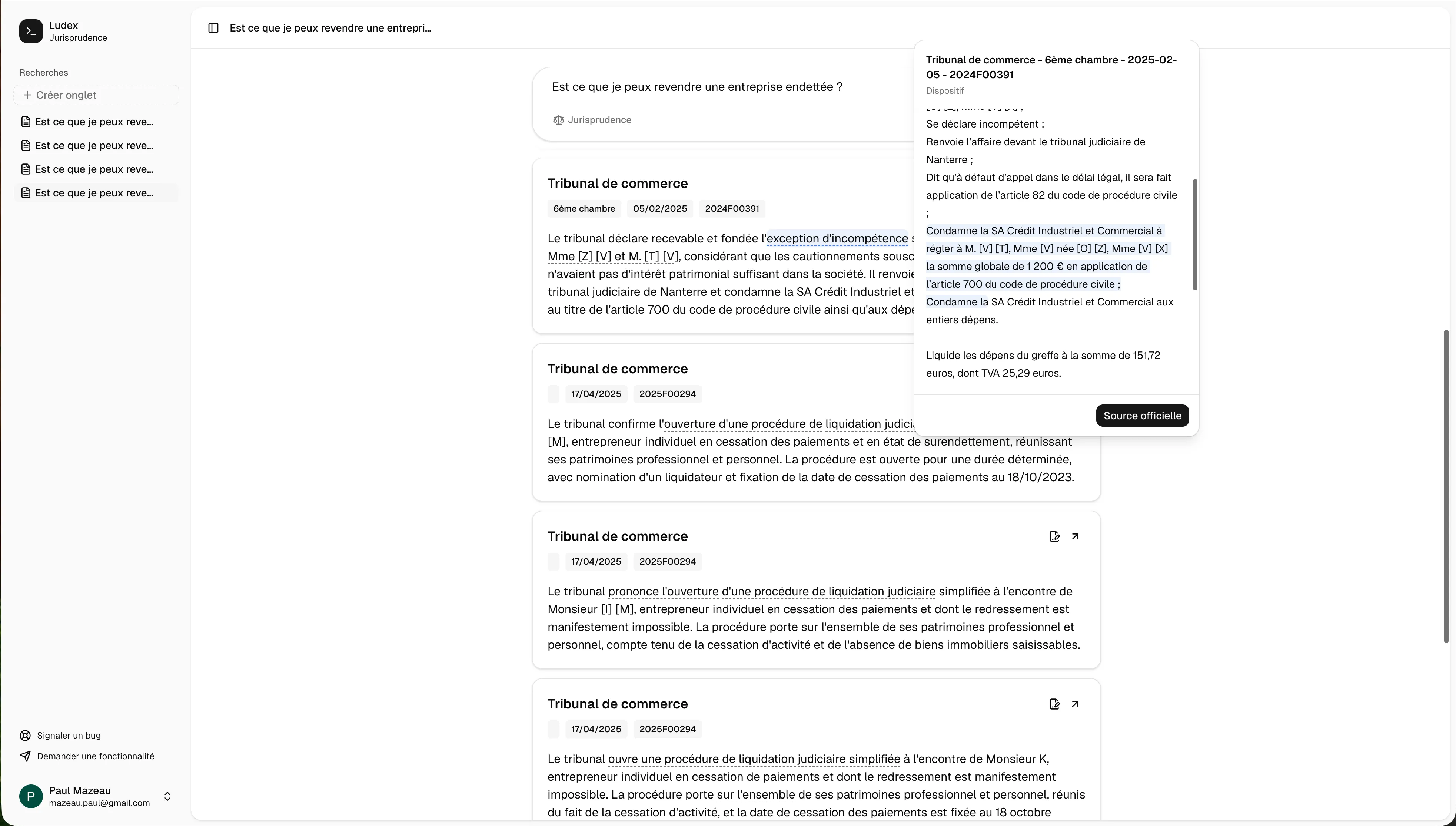 Interface Ludex affichant une recherche de jurisprudence et les décisions associées