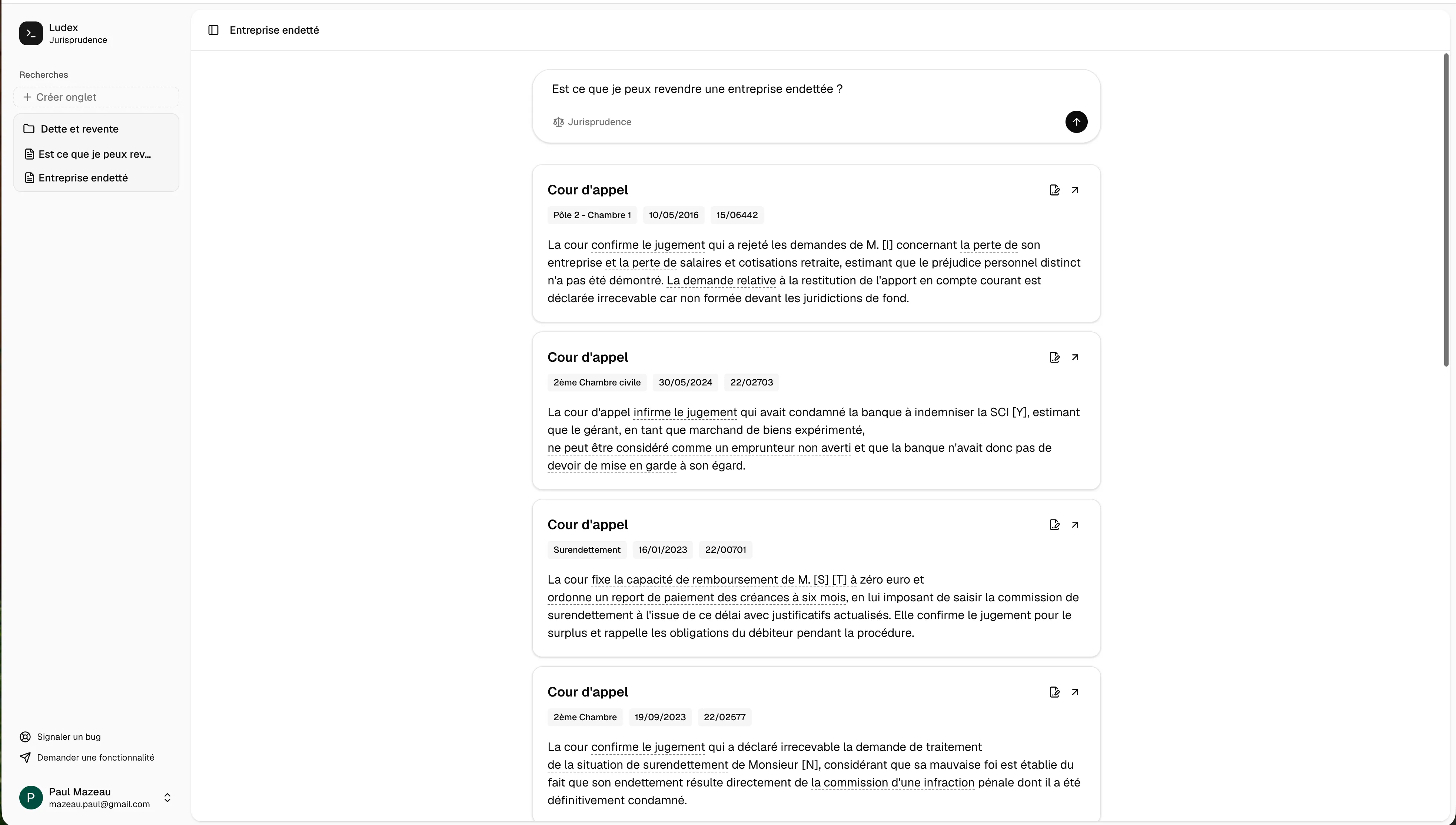 Résultats d’une recherche de jurisprudence dans Ludex