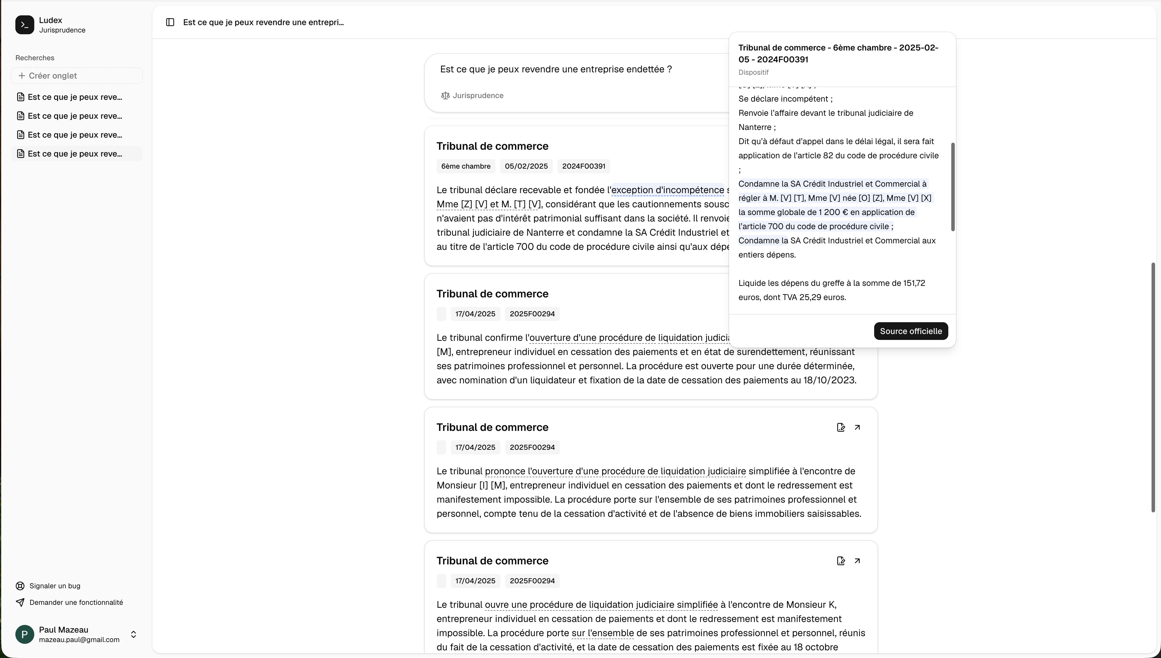 Recherche Ludex avec extrait de décision et accès à la source officielle